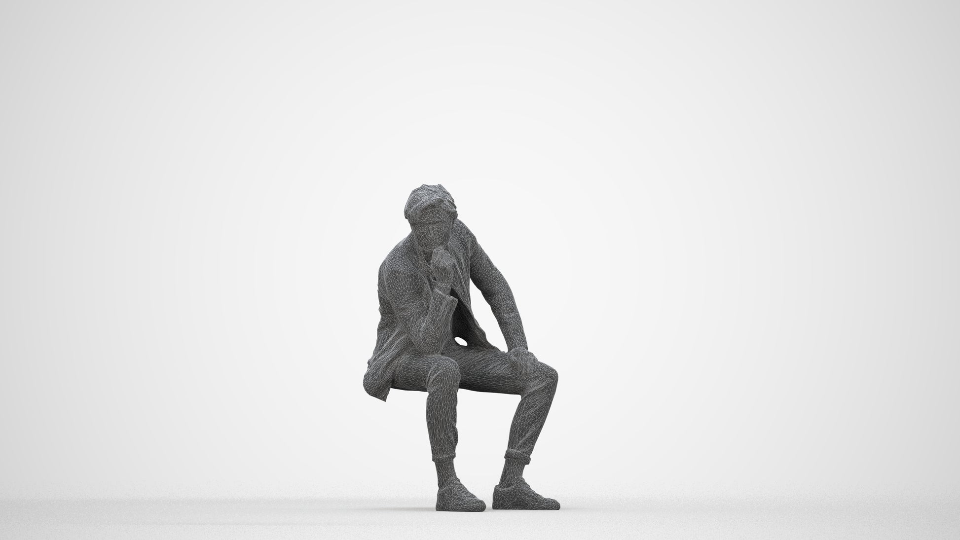scanned 3D man casual sitting, photogrammetry people for Enscape and V-Ray, wireframe back view