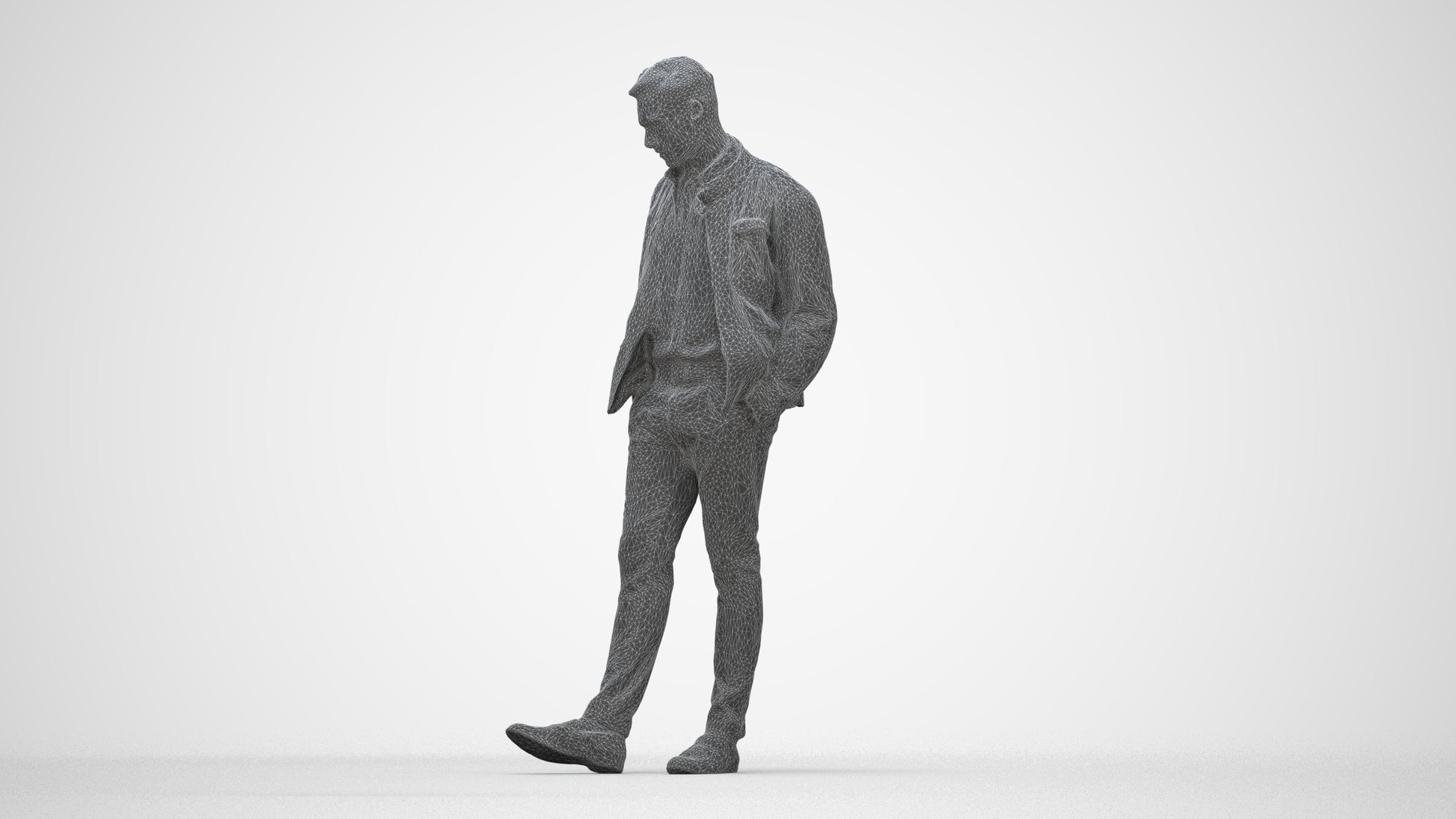3D people model man casual standing, scanned human for 3ds Max rendering, wireframe back view