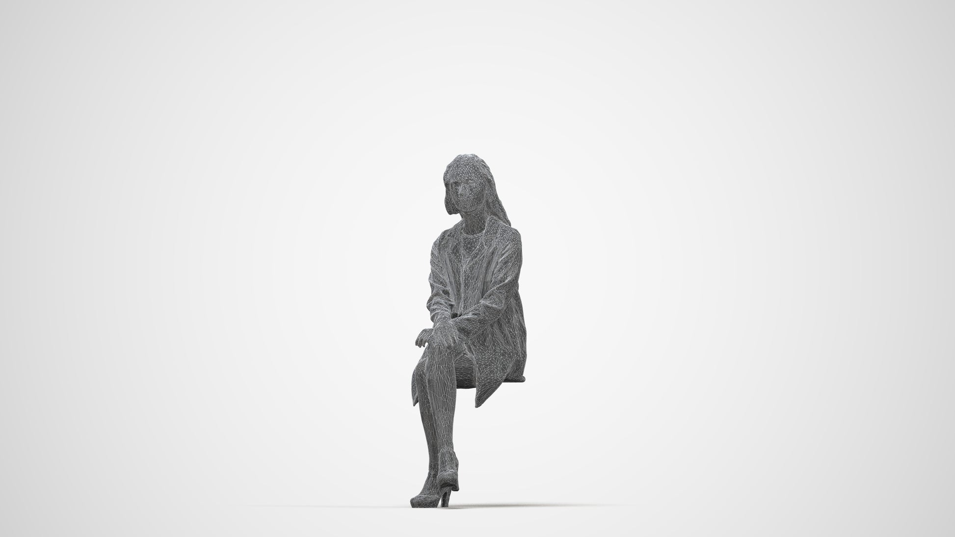 photogrammetry 3D woman business sitting, realistic human model archviz FBX, wireframe back view
