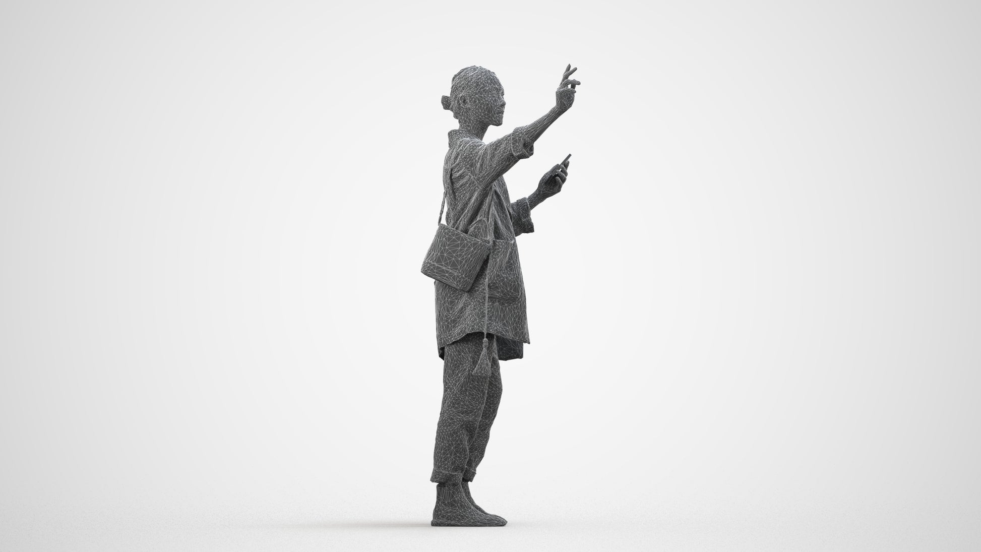 3D people model woman casual standing, scanned human for 3ds Max rendering, wireframe side view