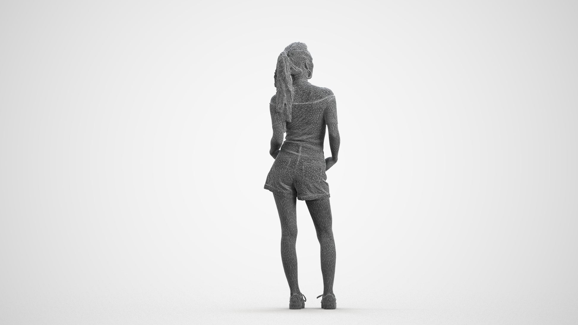 3D human model woman casual standing, photogrammetry scanned person for archviz, wireframe front view
