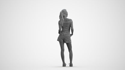 3D human model woman casual standing, photogrammetry scanned person for archviz, wireframe front view