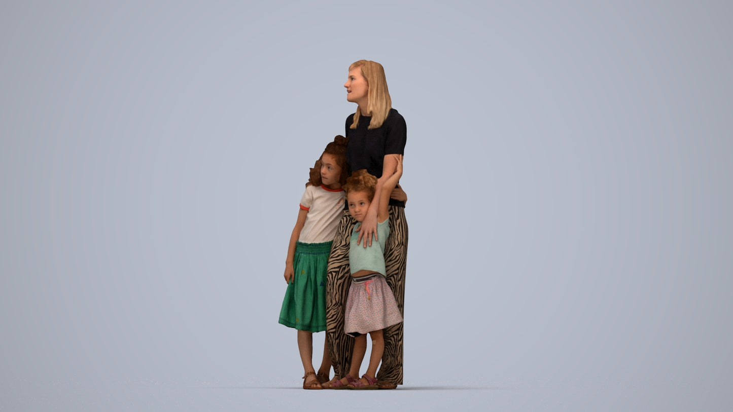 3D human model girl casual kids, photogrammetry scanned person for archviz, top-down view render