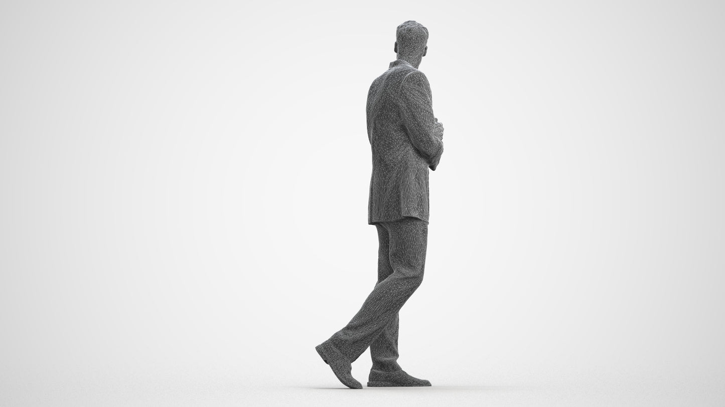 3D human model man business, photogrammetry scanned person for archviz, wireframe front view