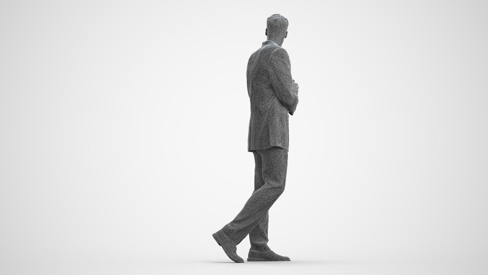 3D human model man business, photogrammetry scanned person for archviz, wireframe front view