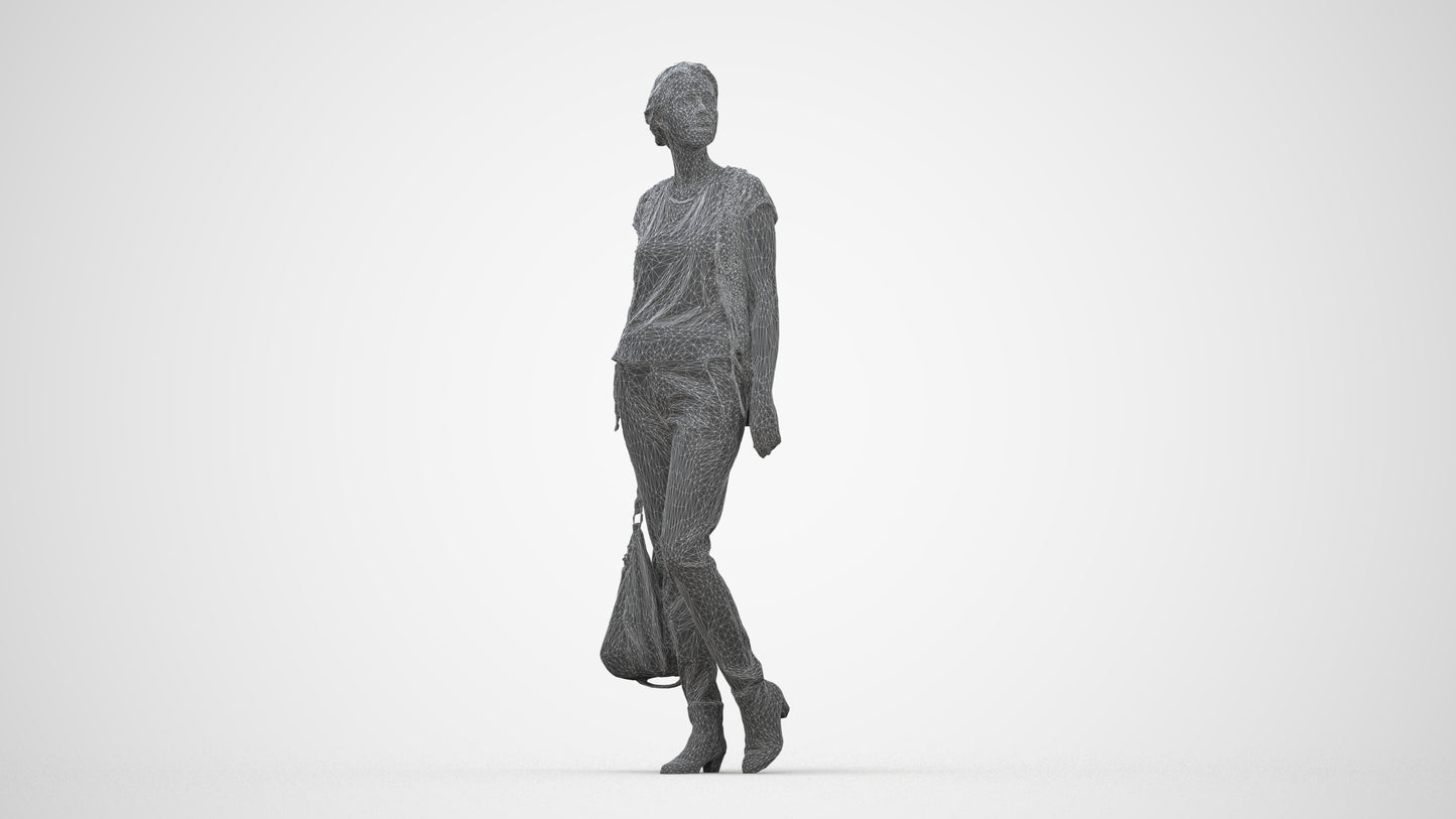 3D scanned woman standing casual, photorealistic archviz people for Enscape and SketchUp, wireframe back view