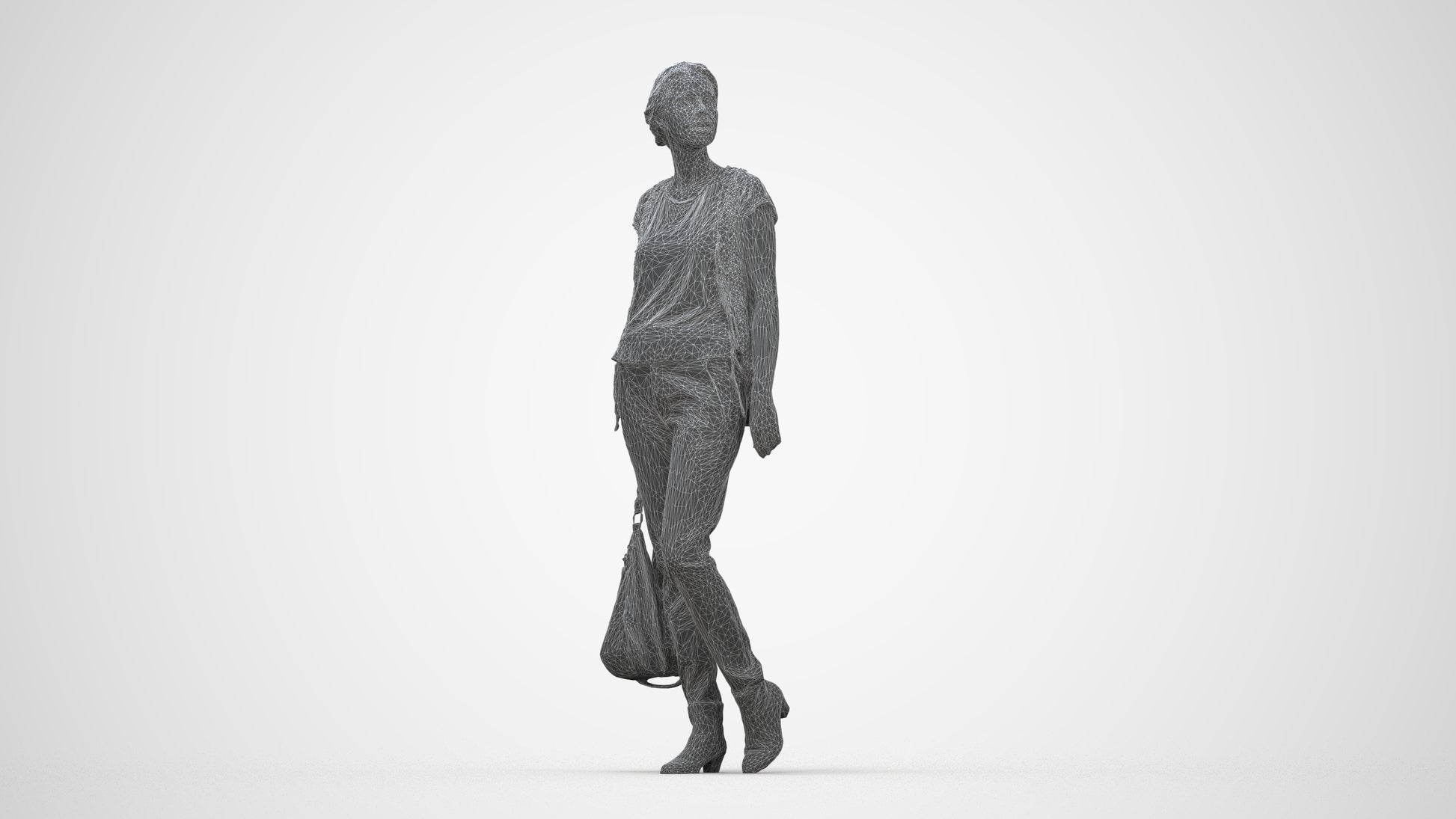 3D scanned woman standing casual, photorealistic archviz people for Enscape and SketchUp, wireframe back view