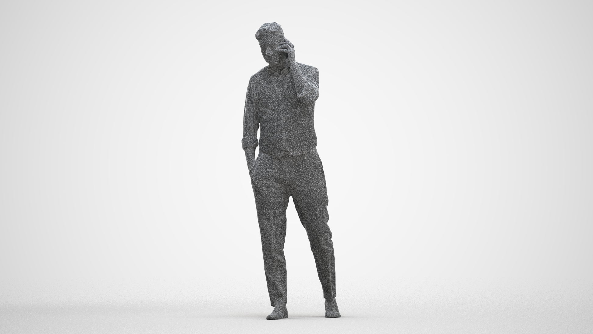 3D human model man business walking, photogrammetry scanned person for archviz, three-quarter front view render