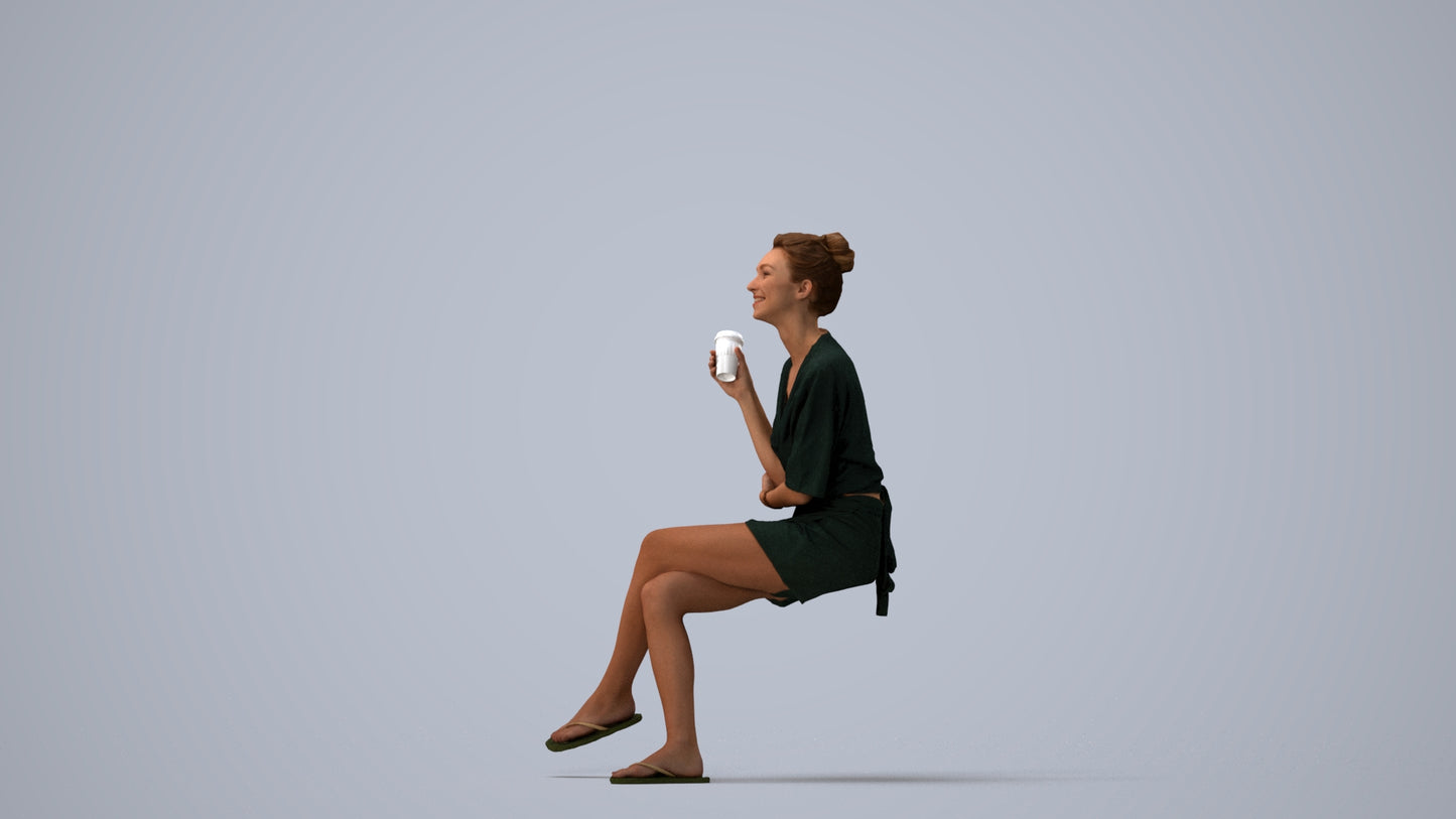 3D people model woman casual sitting, scanned human for 3ds Max rendering, three-quarter view render