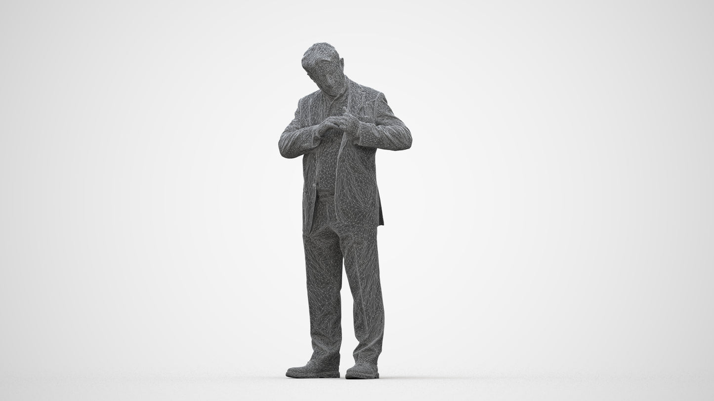 realistic 3D senior man business standing, scanned archviz people for Blender and 3ds Max, wireframe back view