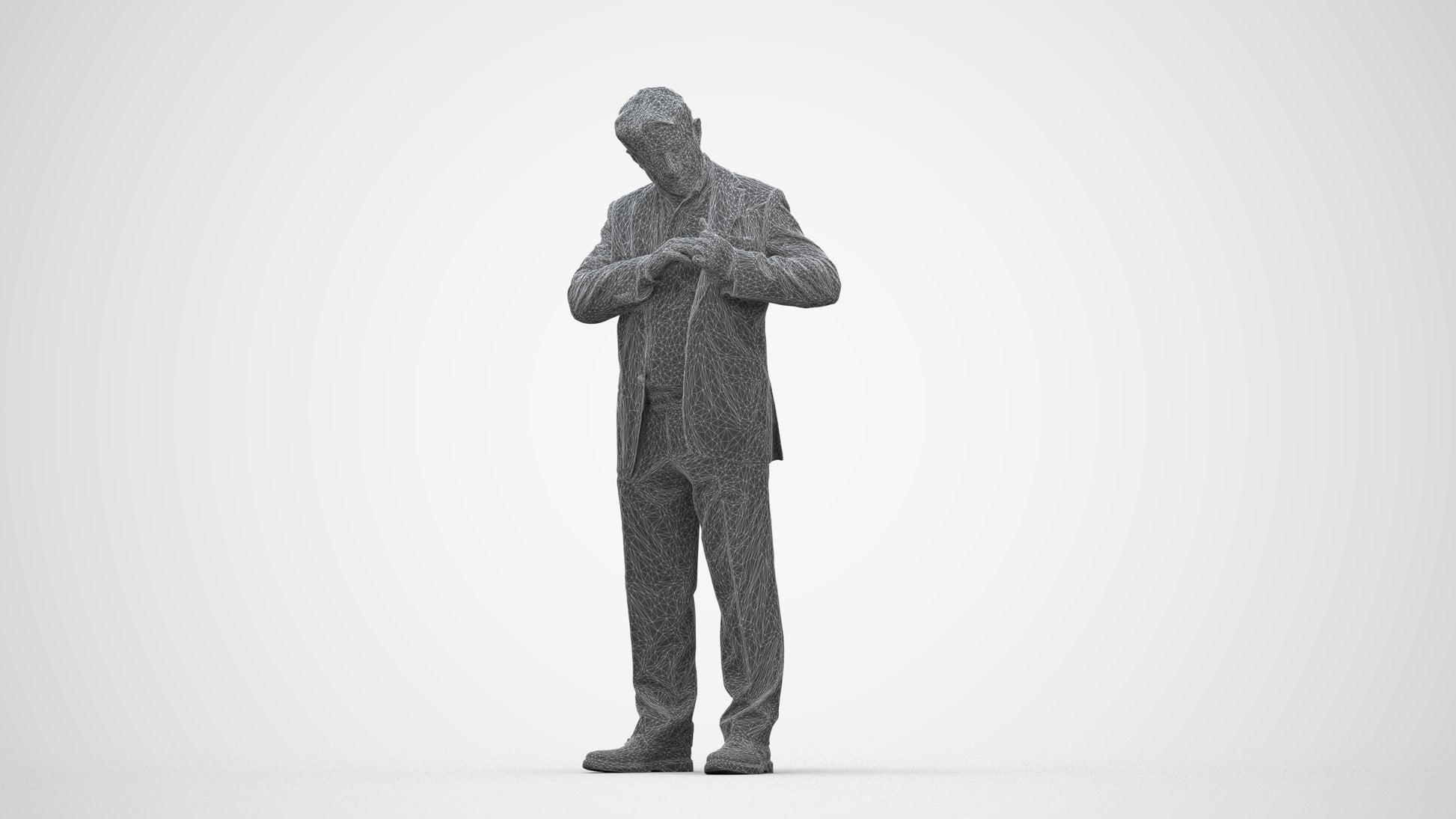 realistic 3D senior man business standing, scanned archviz people for Blender and 3ds Max, wireframe back view