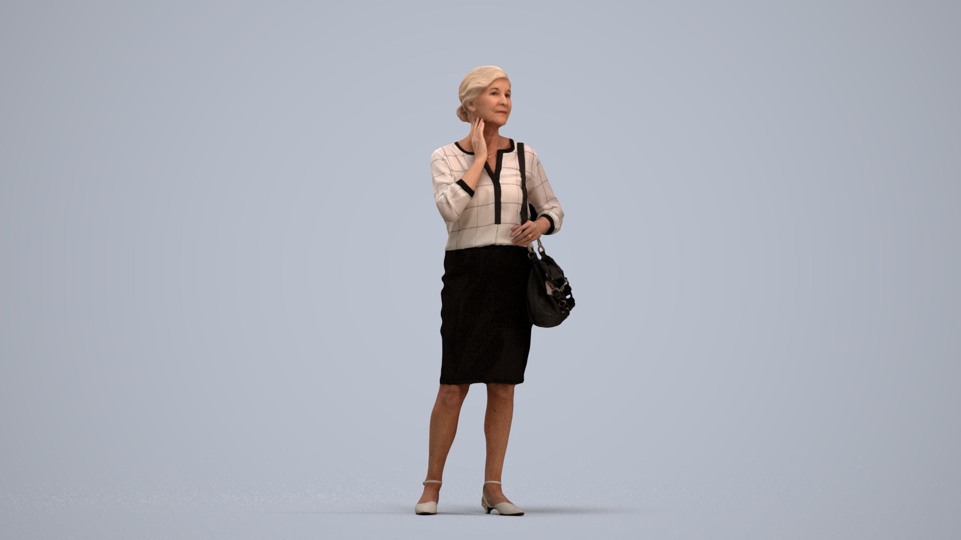 realistic 3D human senior woman business standing, archviz people FBX OBJ for Blender, standing pose render