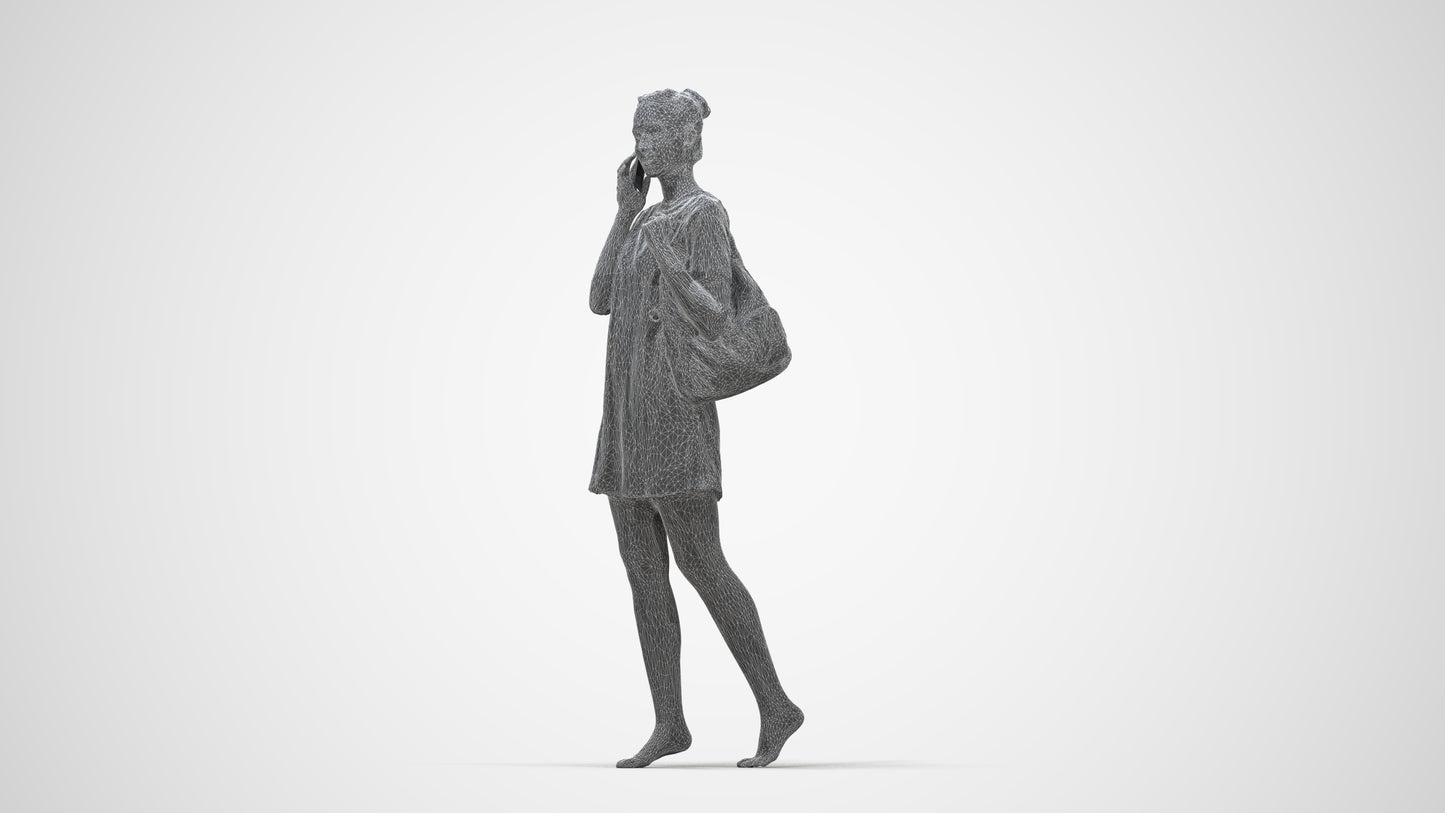 3D human model woman casual walking, photogrammetry scanned person for archviz, wireframe back view