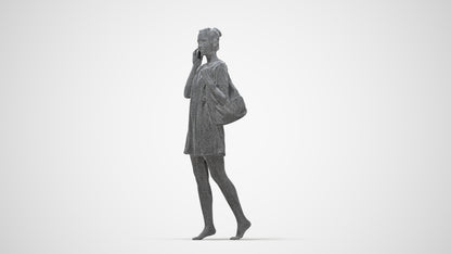 3D human model woman casual walking, photogrammetry scanned person for archviz, wireframe back view