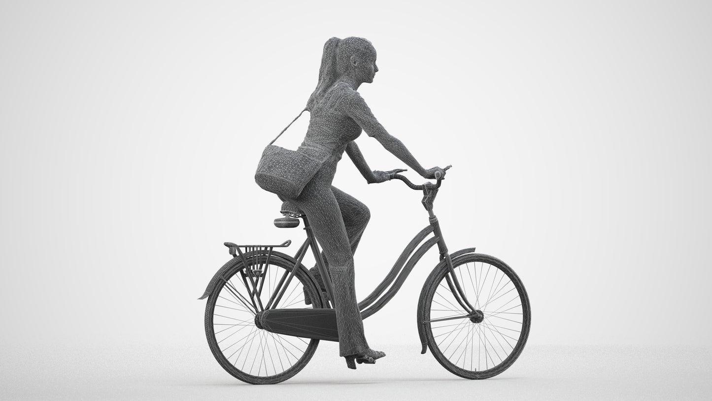 scanned 3D woman casual cycling, photogrammetry people for Enscape and V-Ray, wireframe side view