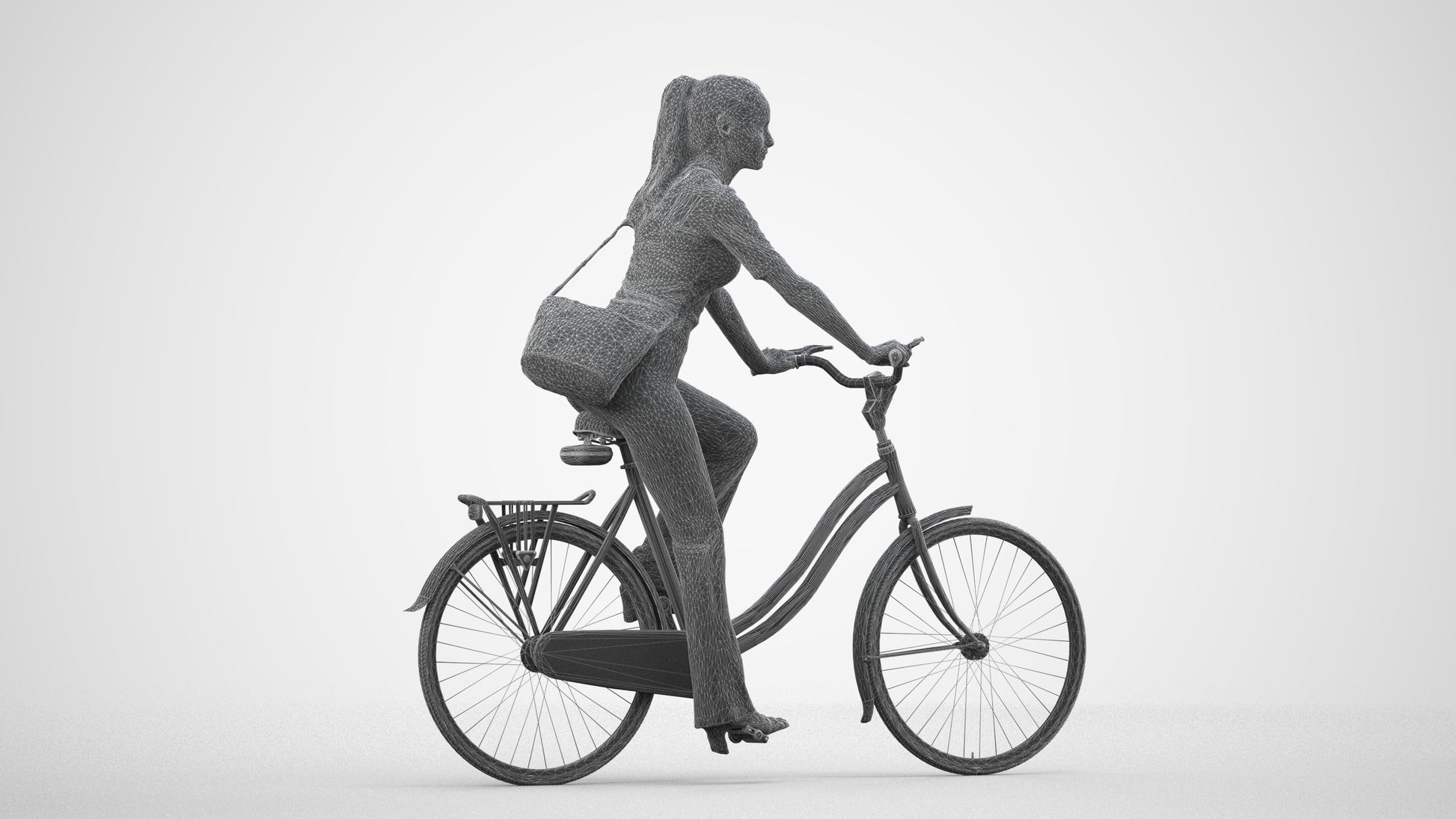 scanned 3D woman casual cycling, photogrammetry people for Enscape and V-Ray, wireframe side view