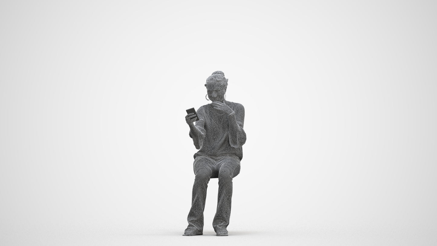 realistic 3D woman casual sitting, scanned archviz people for Blender and 3ds Max, three-quarter front view render