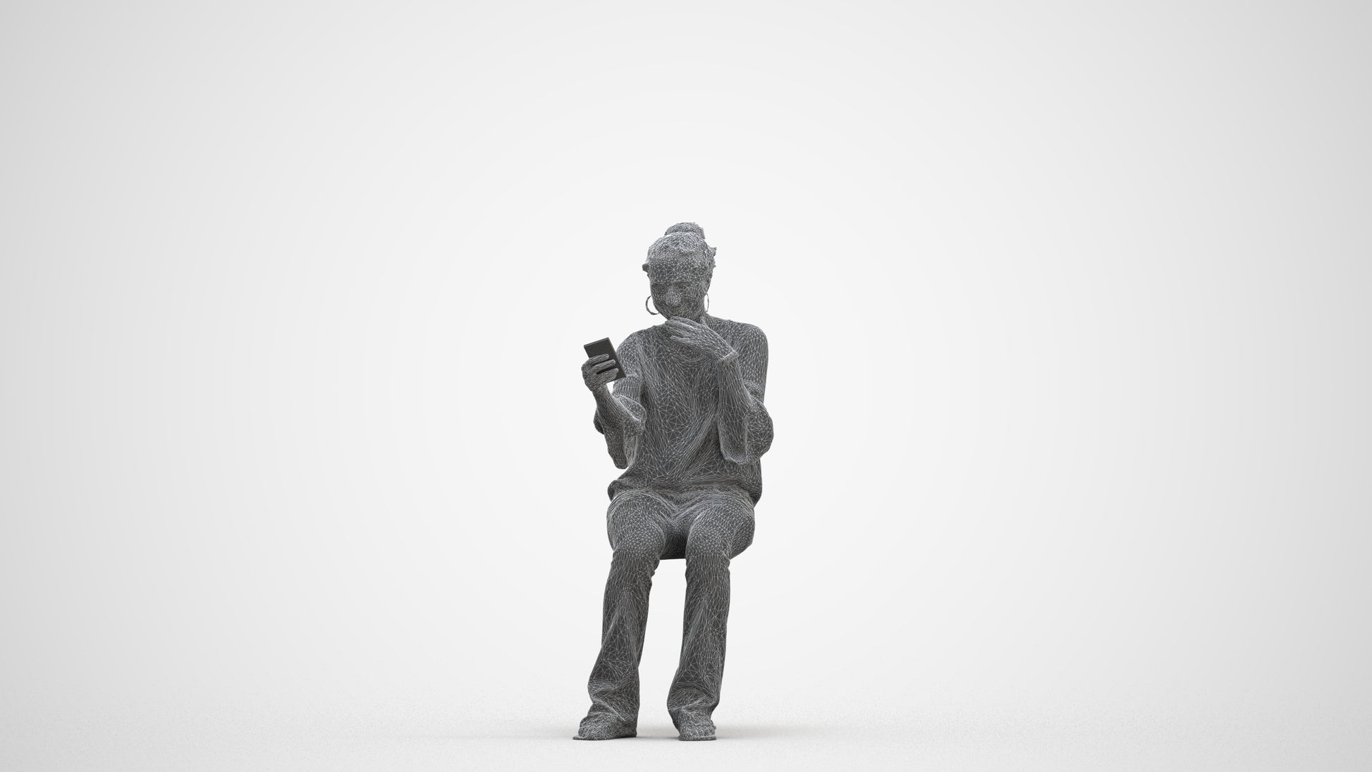 realistic 3D woman casual sitting, scanned archviz people for Blender and 3ds Max, three-quarter front view render