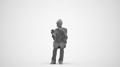 realistic 3D woman casual sitting, scanned archviz people for Blender and 3ds Max, three-quarter front view render