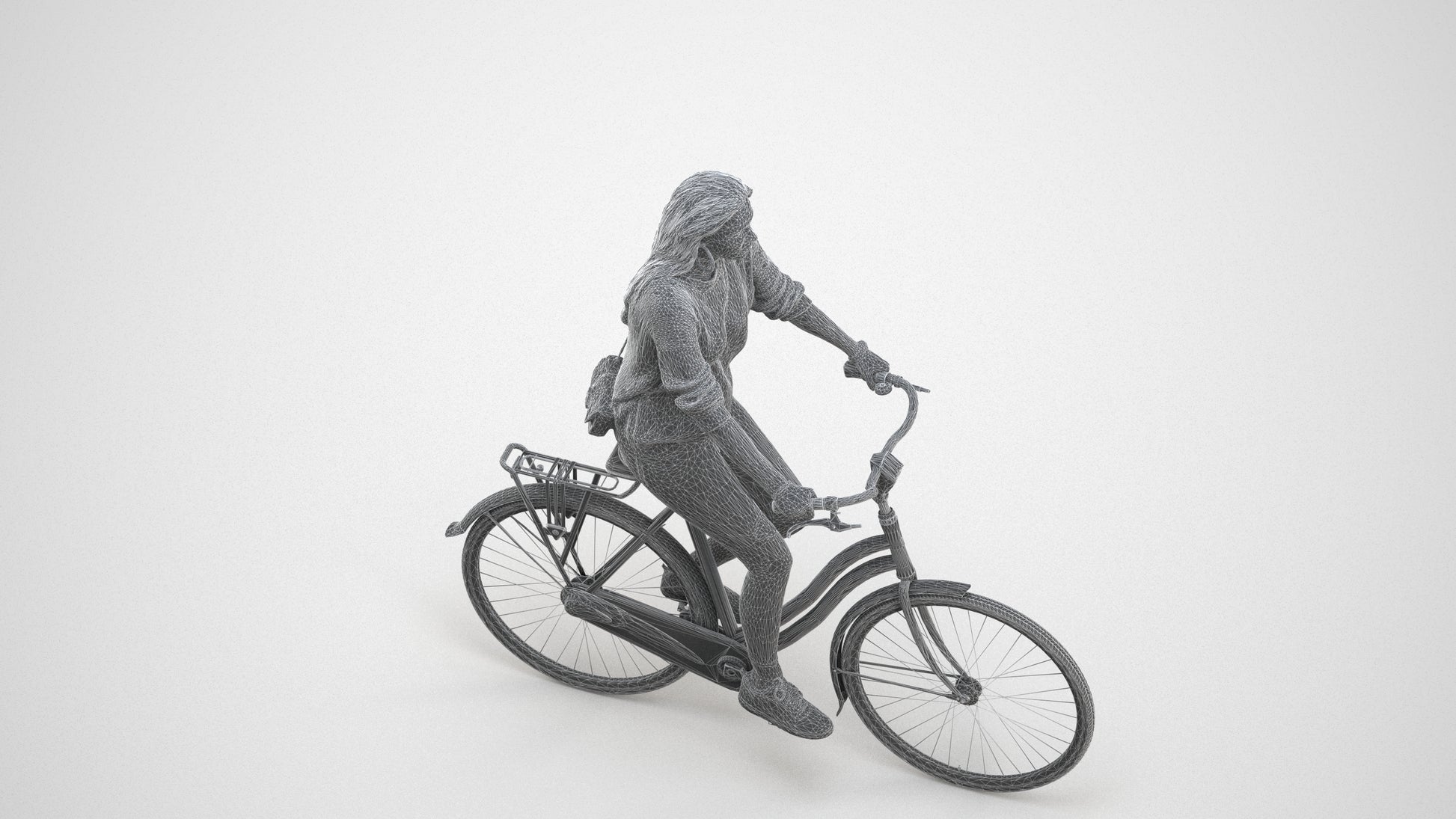 realistic 3D woman casual cycling, scanned archviz people for Blender and 3ds Max, wireframe three-quarter view
