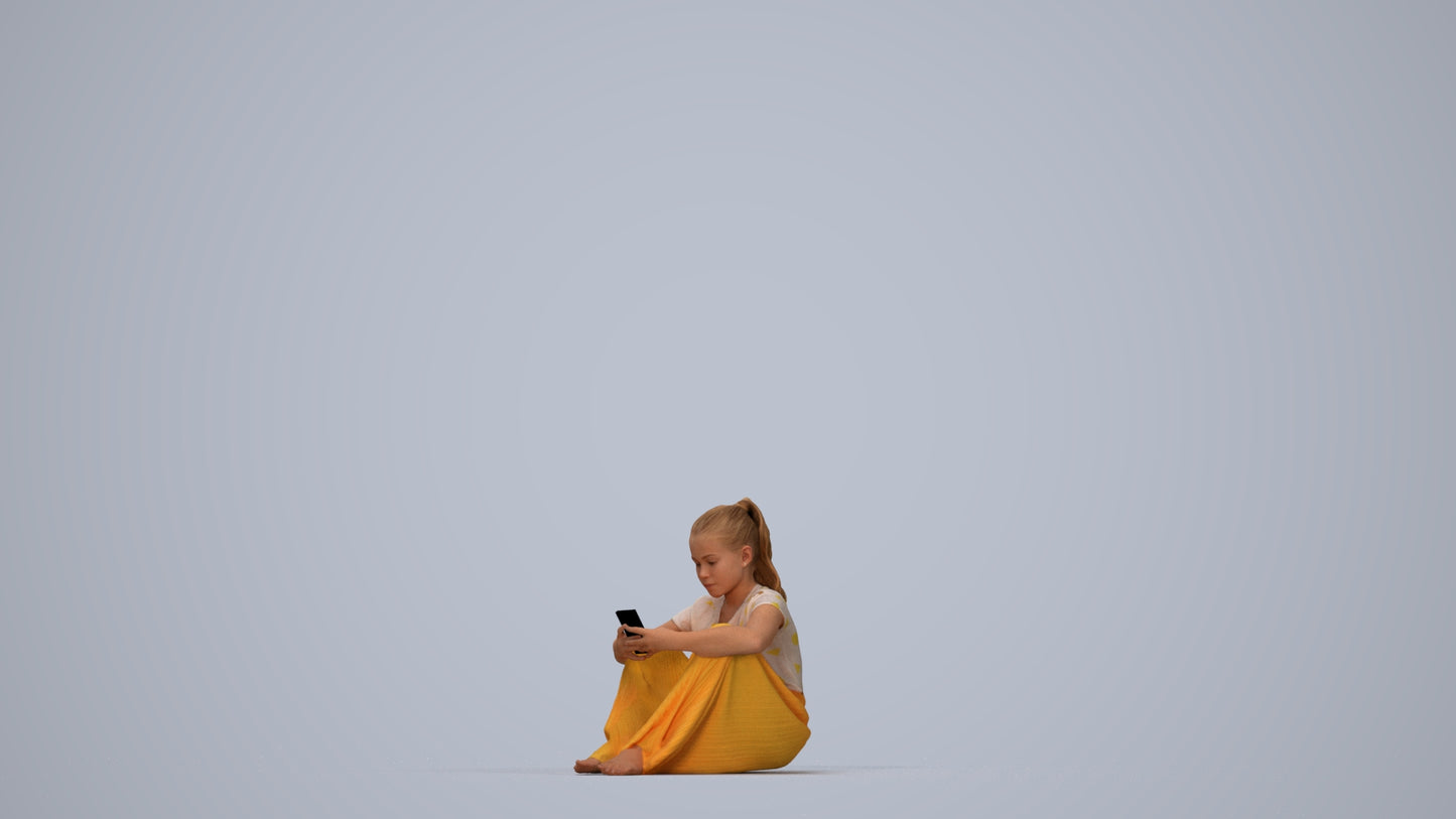 3D human model girl casual kids, photogrammetry scanned person for archviz, top-down view render