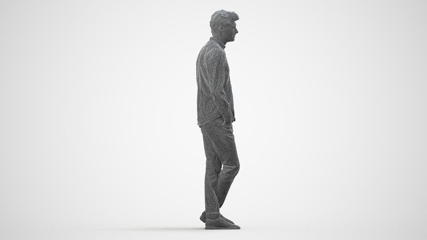 3D people model man casual standing, scanned human for 3ds Max rendering, wireframe side view