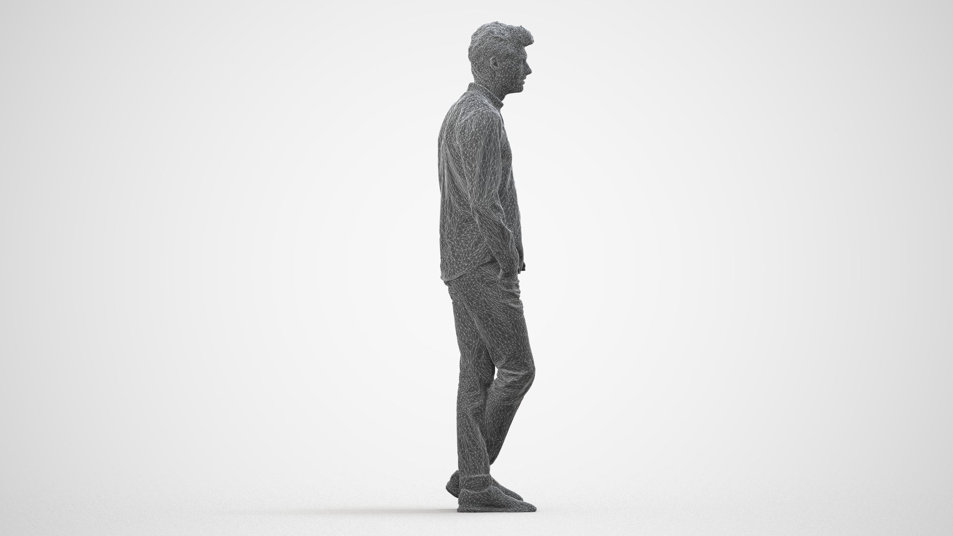 3D people model man casual standing, scanned human for 3ds Max rendering, wireframe side view