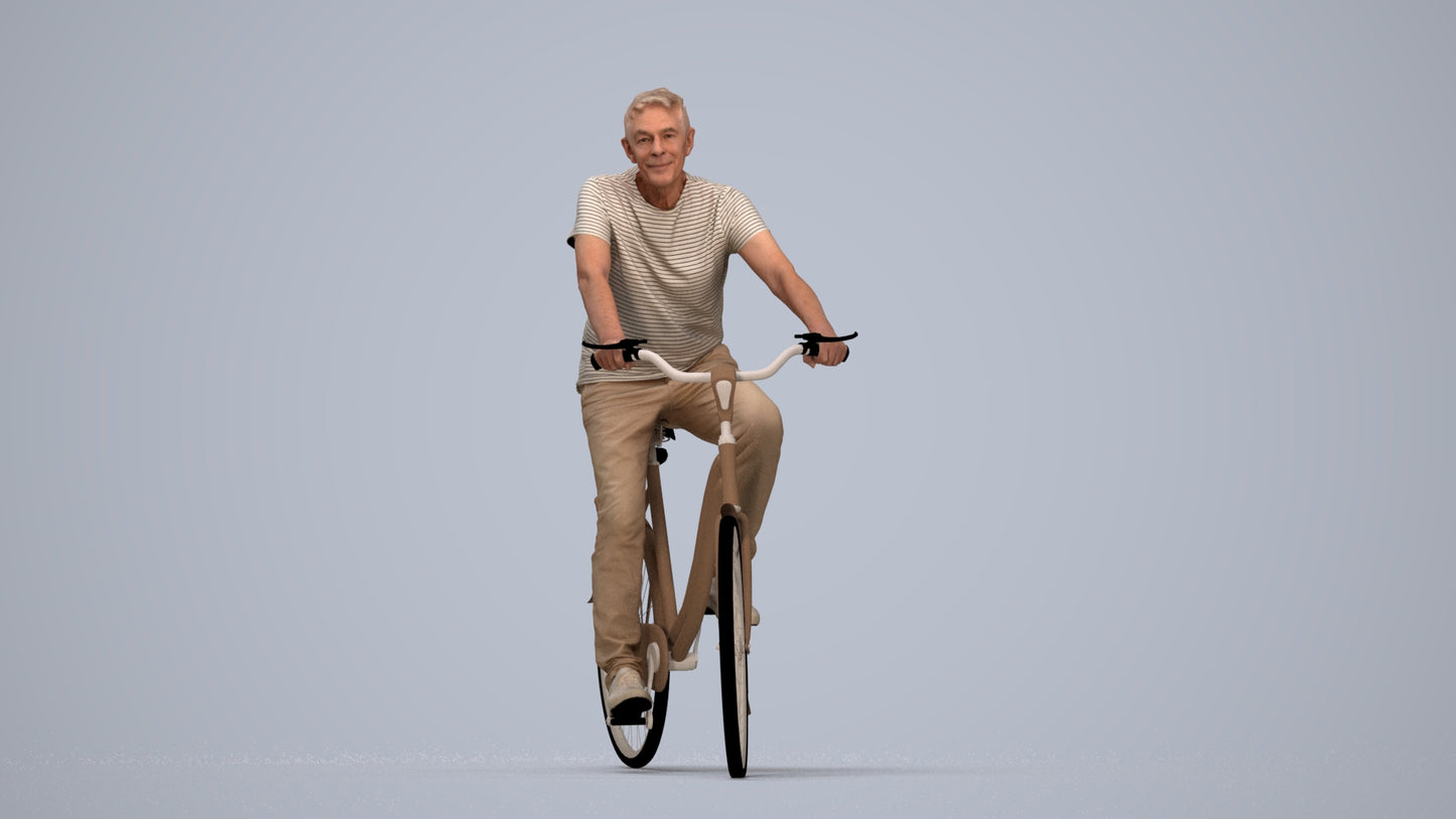 realistic 3D senior man casual cycling, scanned archviz people for Blender and 3ds Max, top-down view render