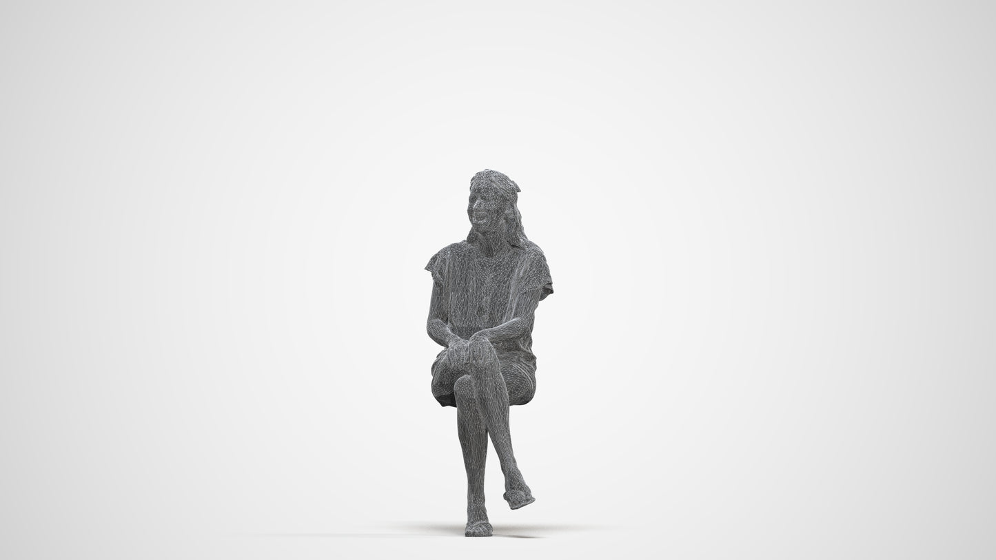 photogrammetry 3D woman casual sitting, realistic human model archviz FBX, three-quarter front view render