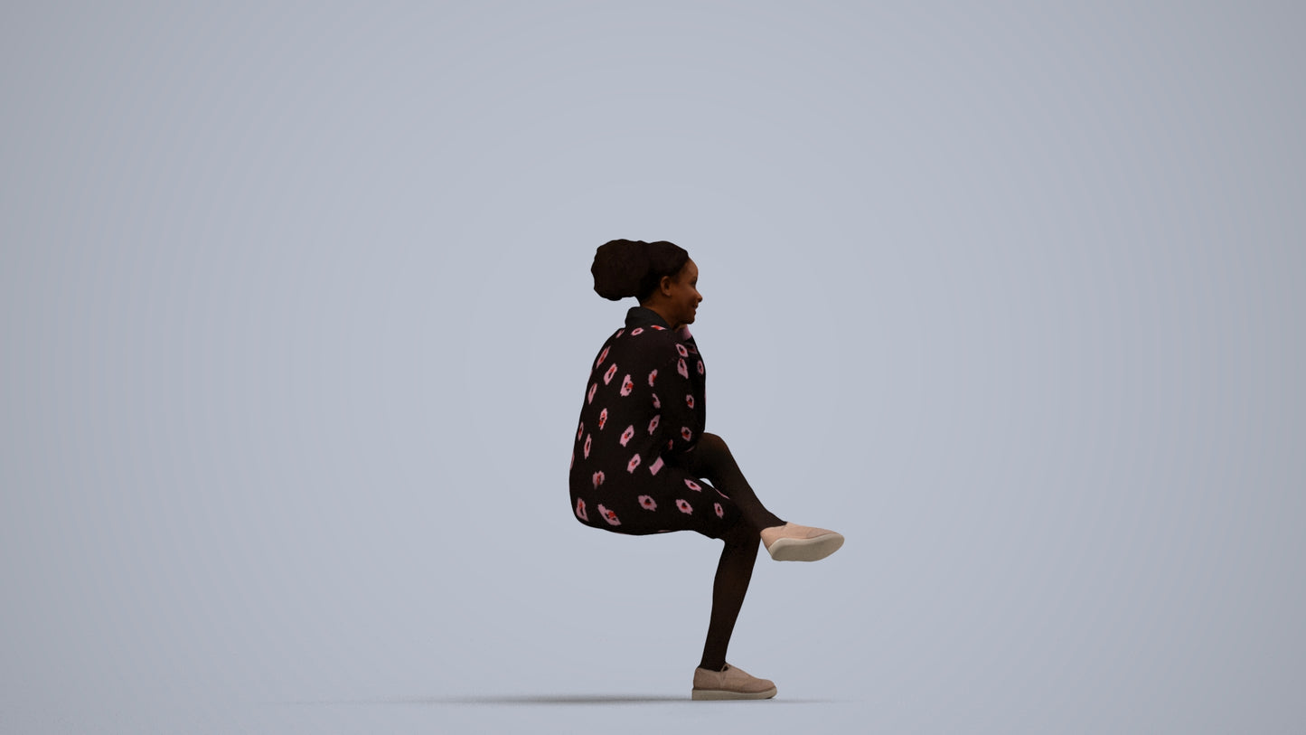 realistic 3D human woman casual sitting, archviz people FBX OBJ for Blender, side view render