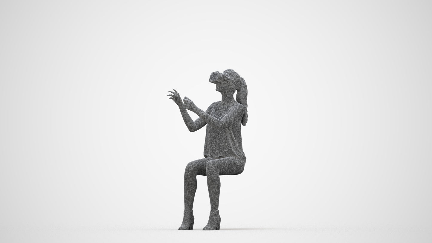 3D human model girl casual sitting, photogrammetry scanned person for archviz, wireframe back view