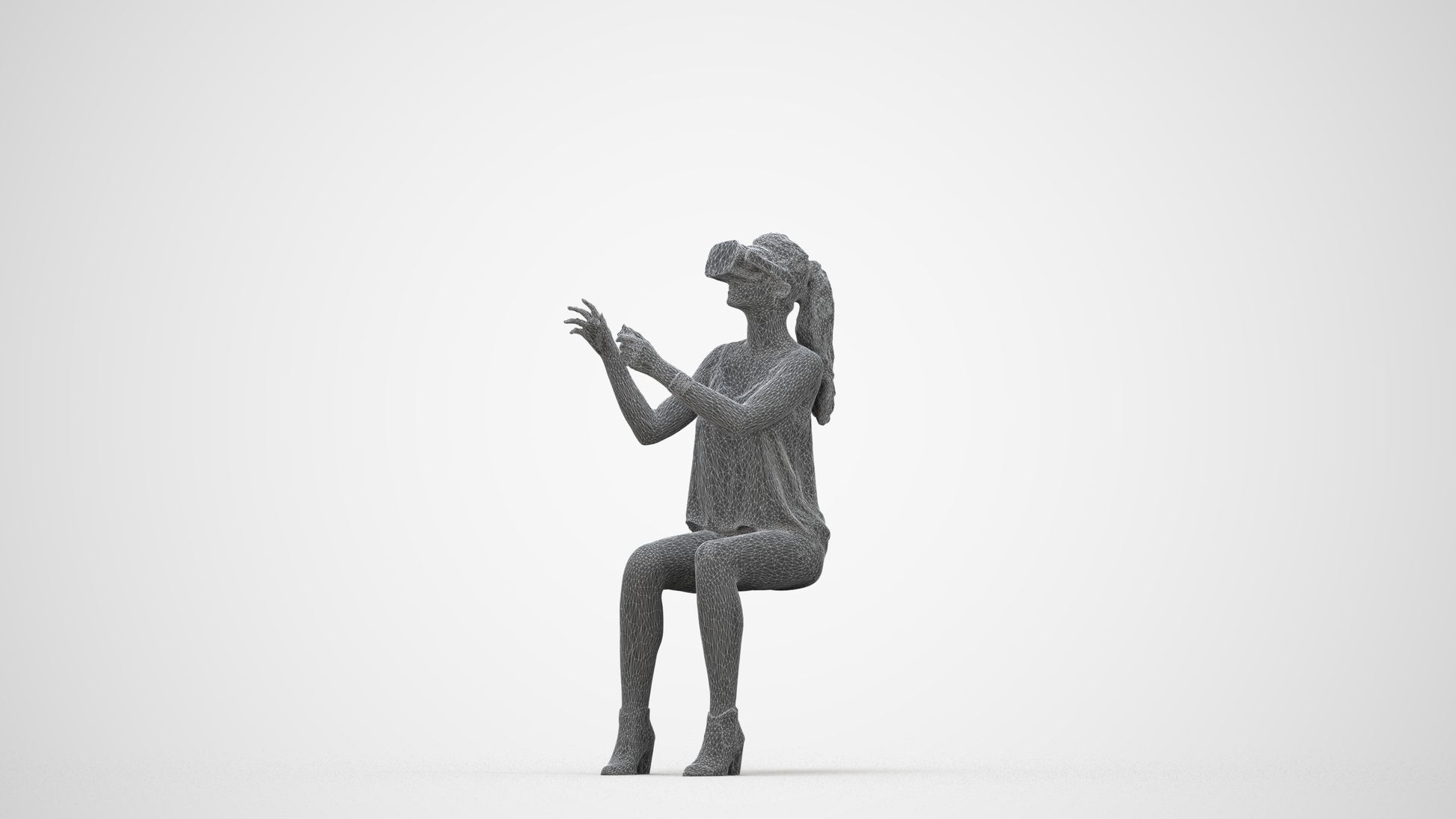 3D human model girl casual sitting, photogrammetry scanned person for archviz, wireframe back view