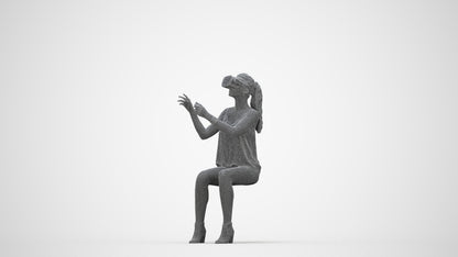 3D human model girl casual sitting, photogrammetry scanned person for archviz, wireframe back view