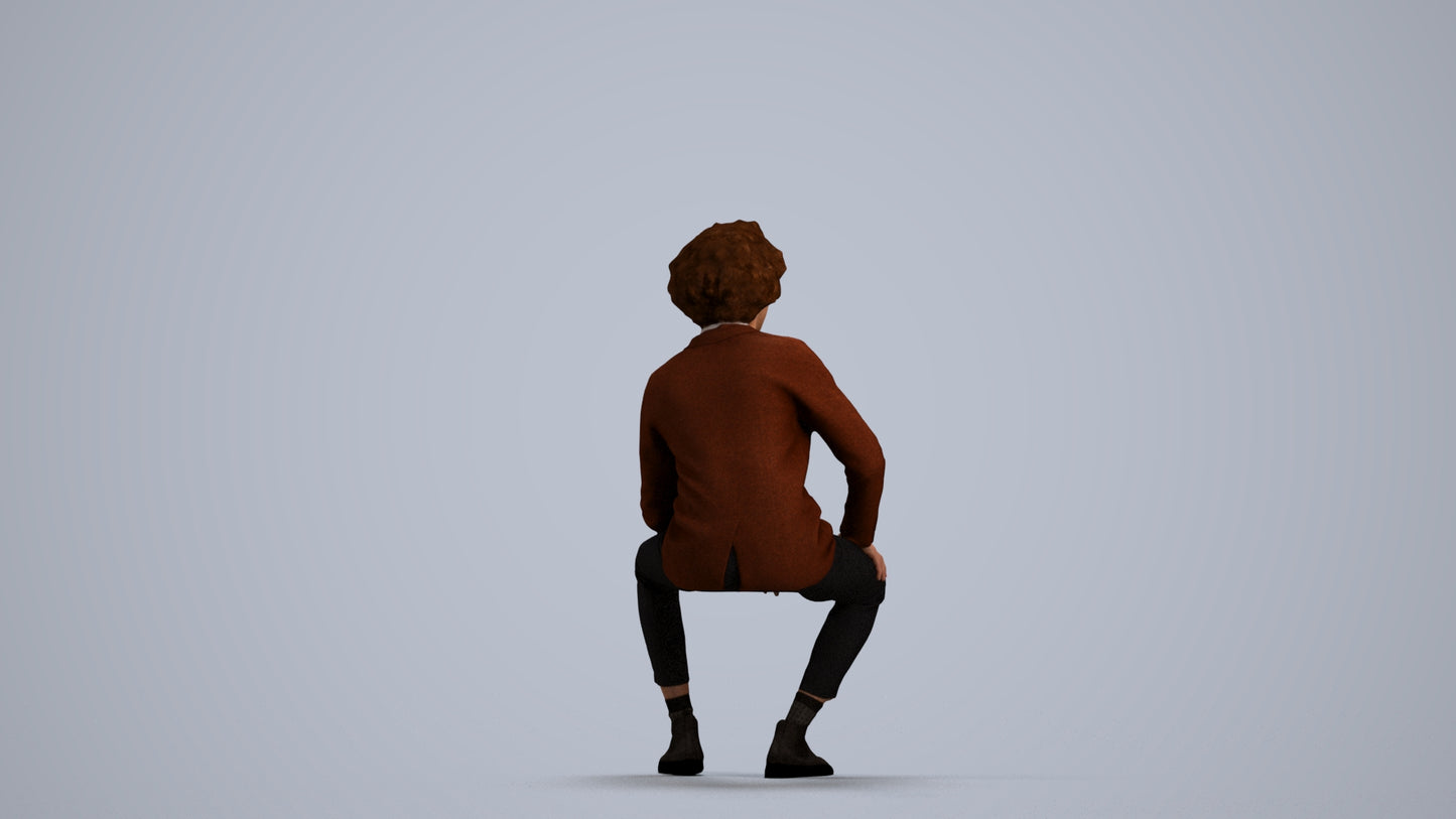 3D human model man business sitting, photogrammetry scanned person for archviz, front view render