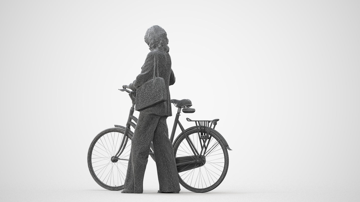 3D scanned senior woman cycling business, photorealistic archviz people for Enscape and SketchUp, square thumbnail