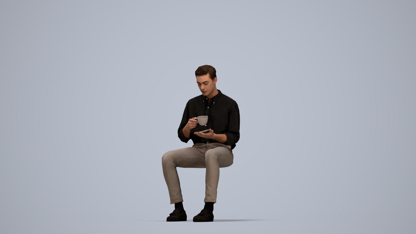 realistic 3D people man casual sitting, render-ready for V-Ray and Corona, FBX OBJ, top-down view render