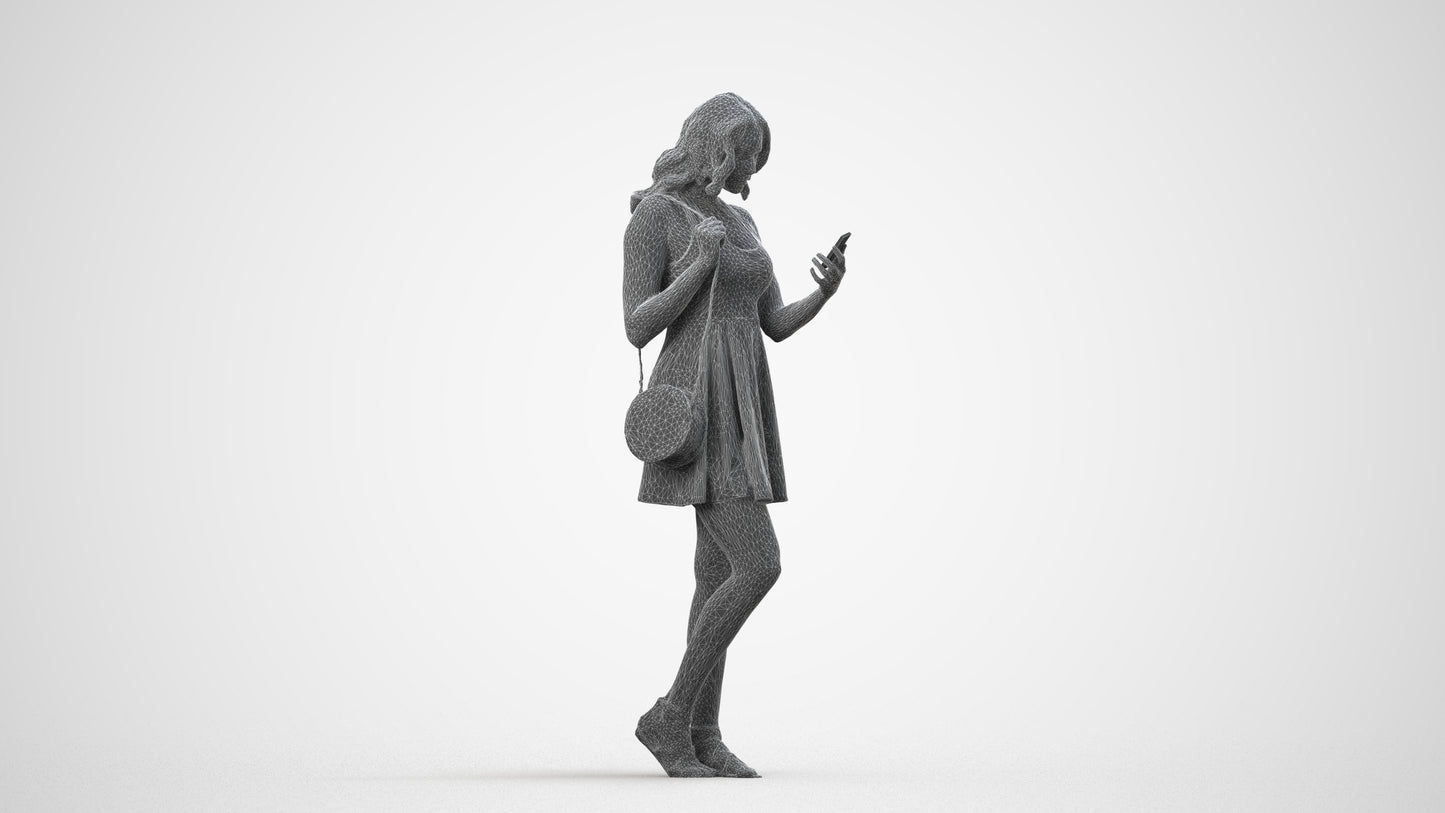 3D people model woman standing, scanned human for 3ds Max rendering, wireframe side view