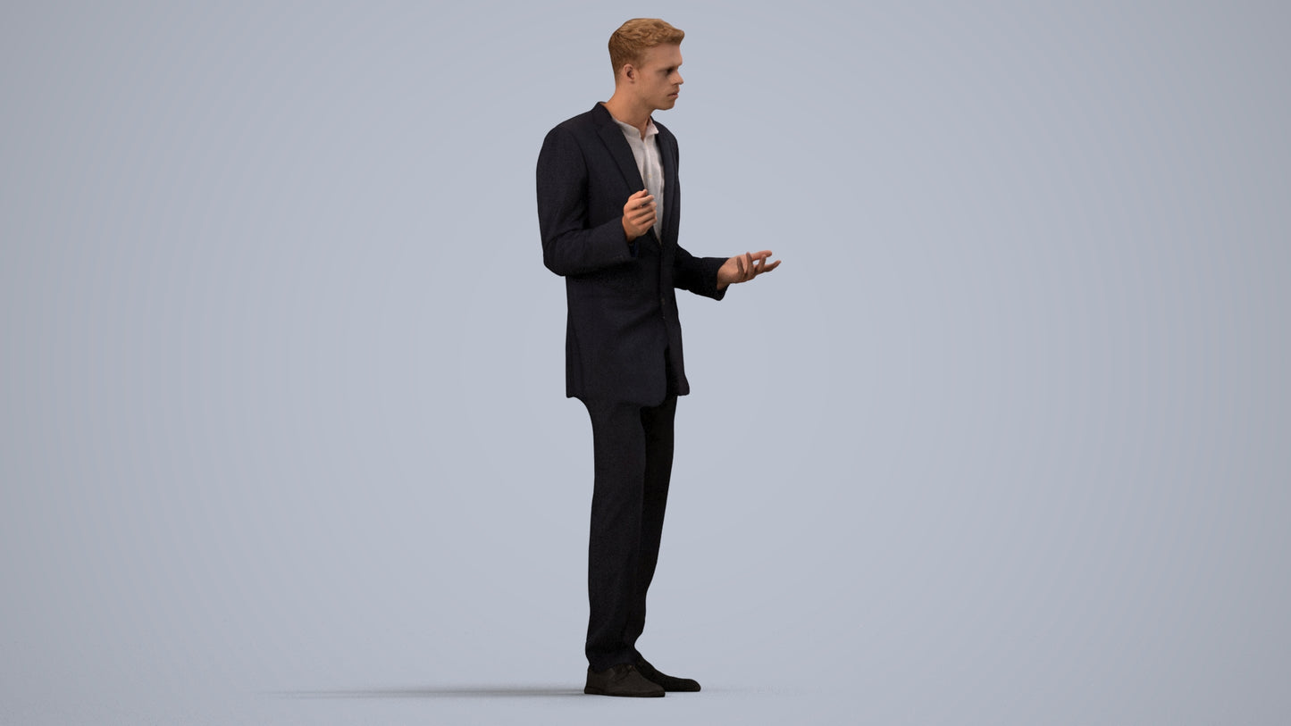 3D human model man business, photogrammetry scanned person for archviz, side view render