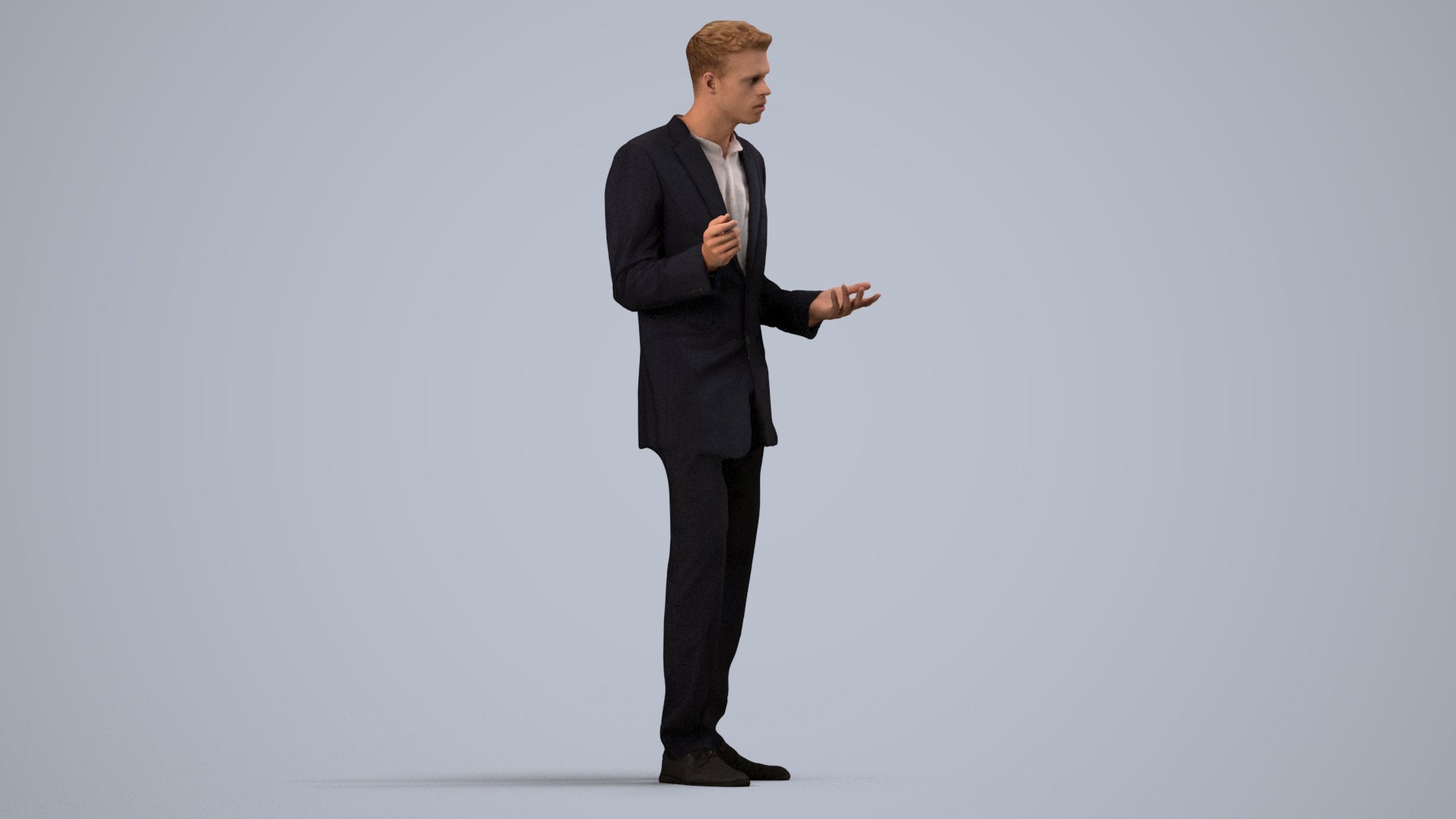 3D human model man business, photogrammetry scanned person for archviz, side view render