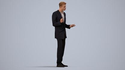 3D human model man business, photogrammetry scanned person for archviz, side view render