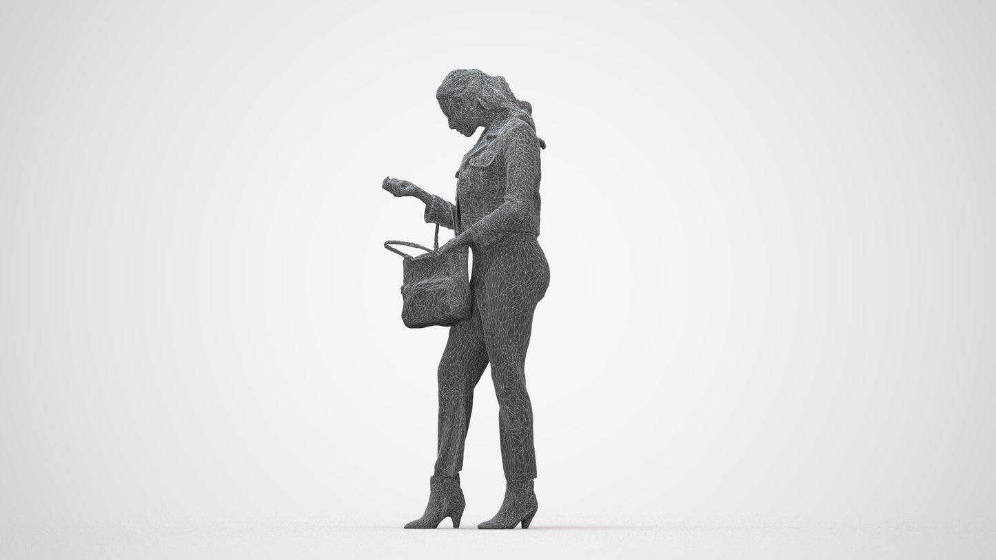 realistic 3D woman business standing, scanned archviz people for Blender and 3ds Max, wireframe back view