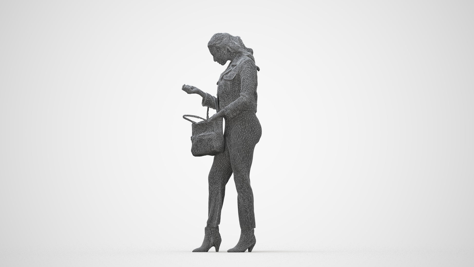 realistic 3D woman business standing, scanned archviz people for Blender and 3ds Max, wireframe back view