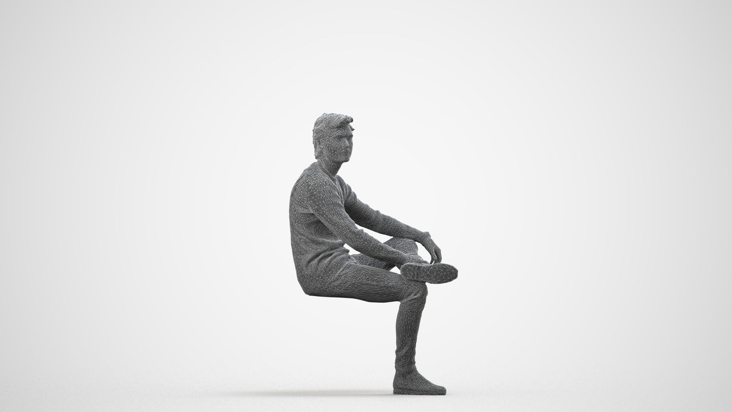 3D people model man casual sitting, scanned human for 3ds Max rendering, wireframe side view