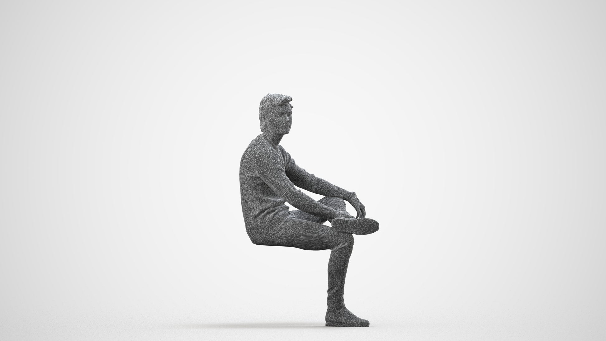 3D people model man casual sitting, scanned human for 3ds Max rendering, wireframe side view