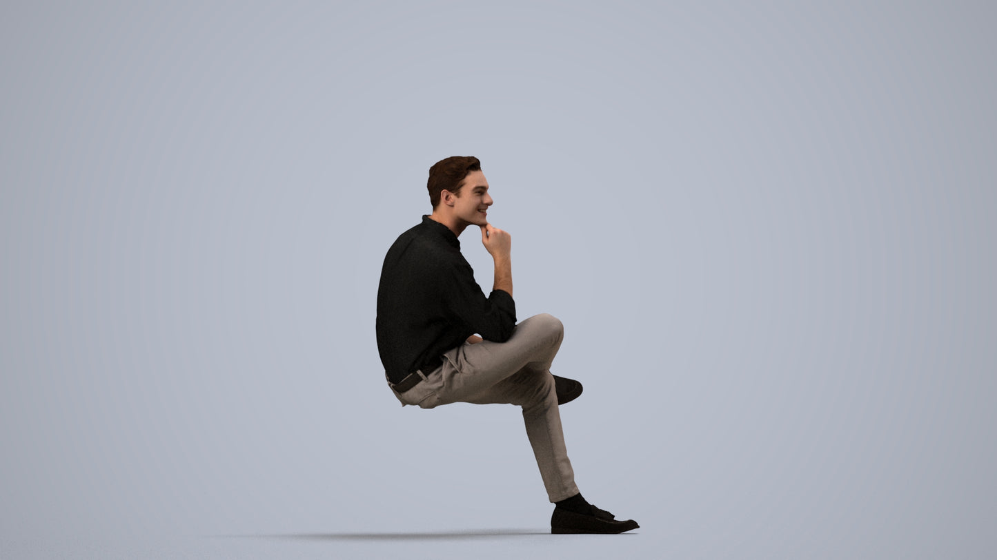 realistic 3D man casual sitting, scanned archviz people for Blender and 3ds Max, side view render