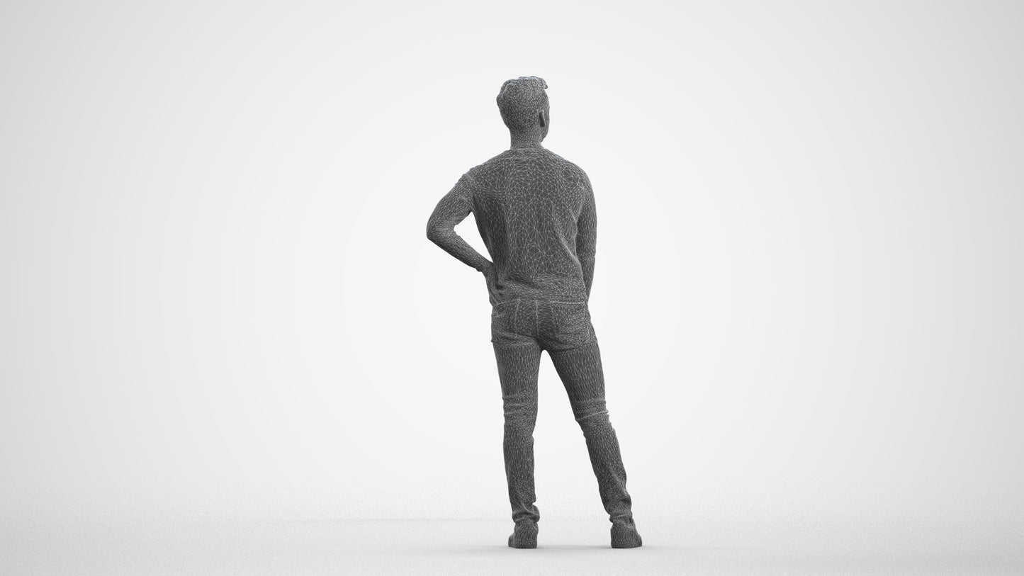 realistic 3D man casual standing, scanned archviz people for Blender and 3ds Max, wireframe front view