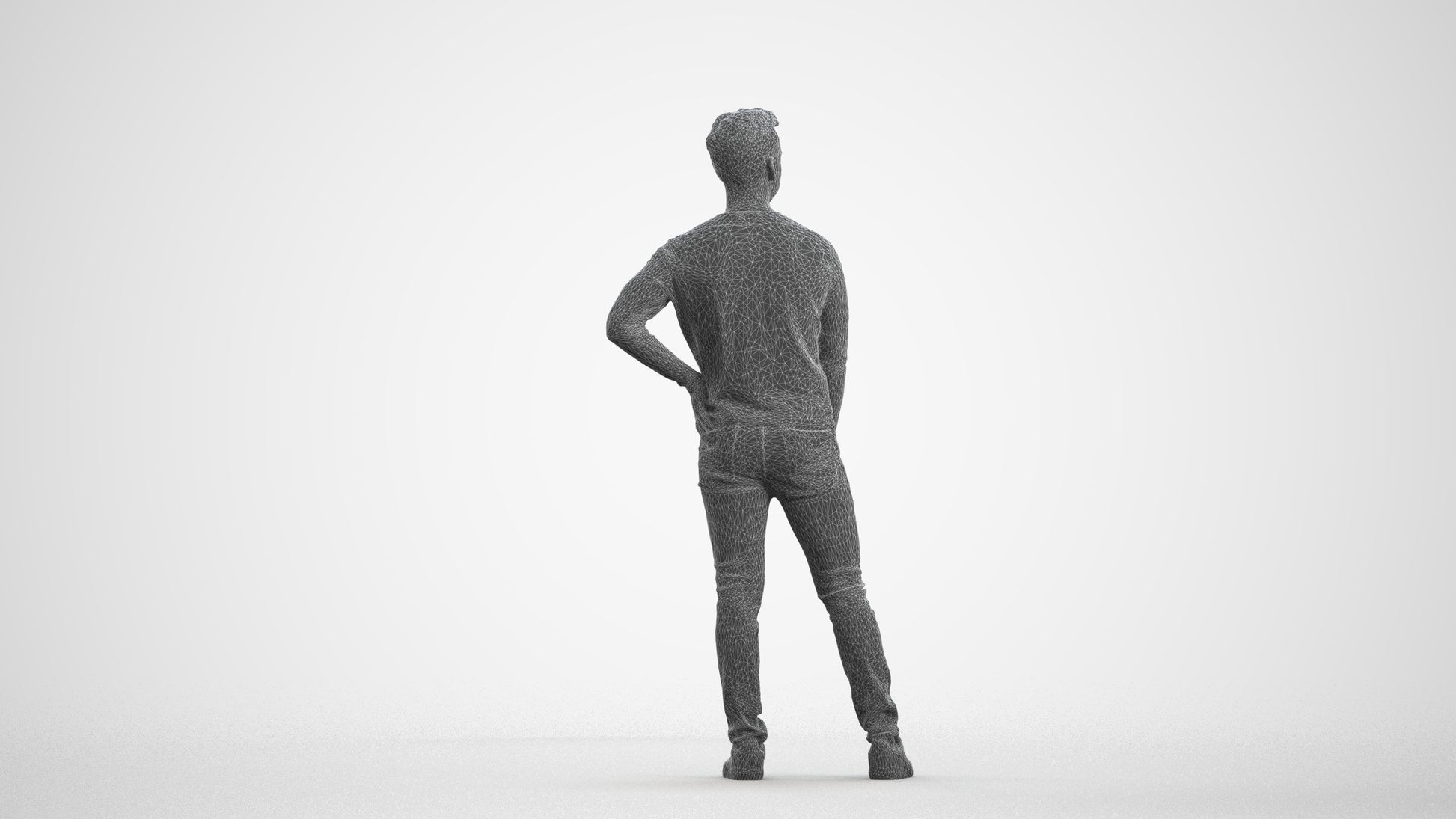 realistic 3D man casual standing, scanned archviz people for Blender and 3ds Max, wireframe front view