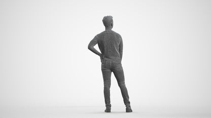 realistic 3D man casual standing, scanned archviz people for Blender and 3ds Max, wireframe front view