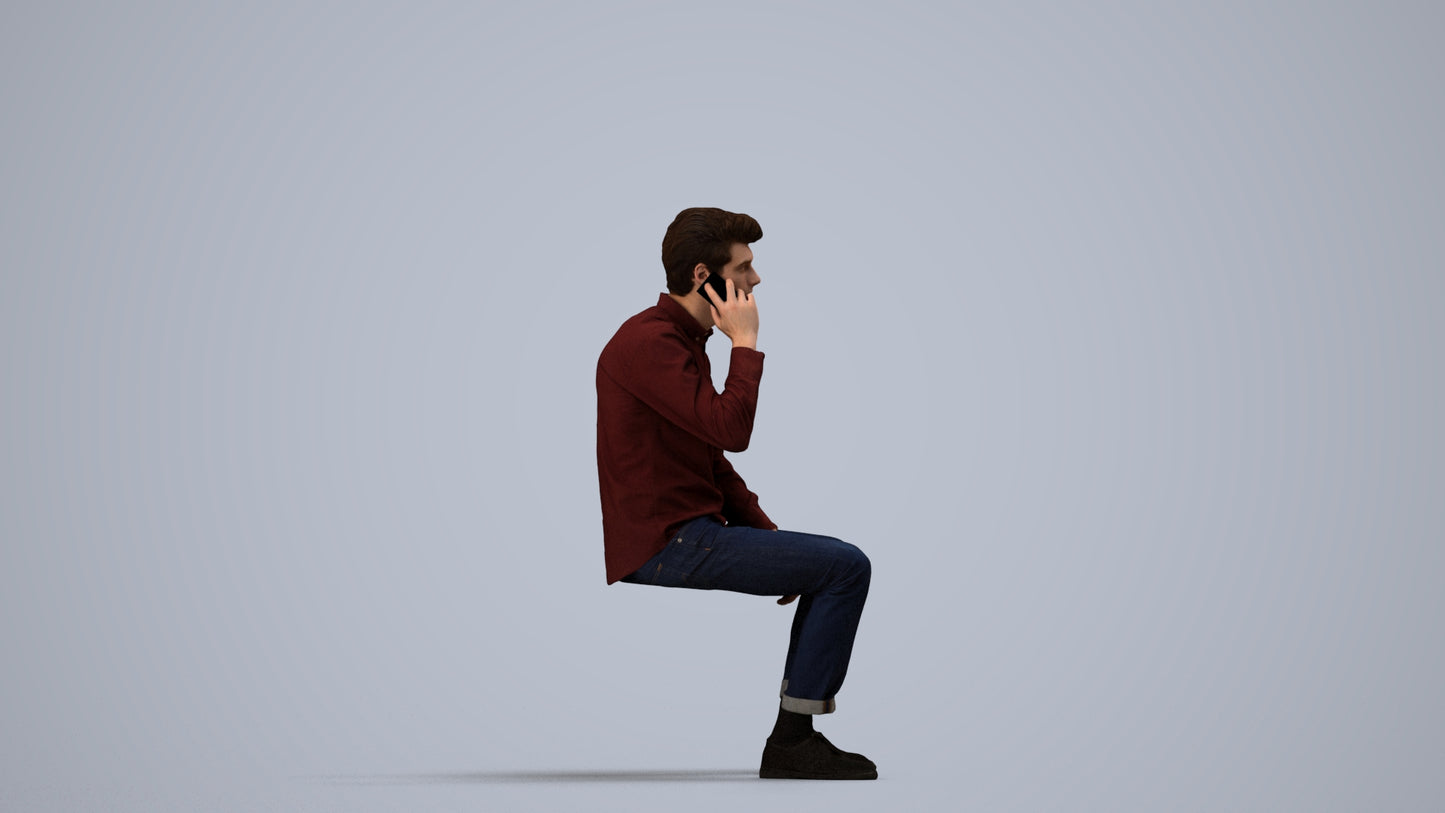 3D people model man casual sitting, scanned human for 3ds Max rendering, side view render