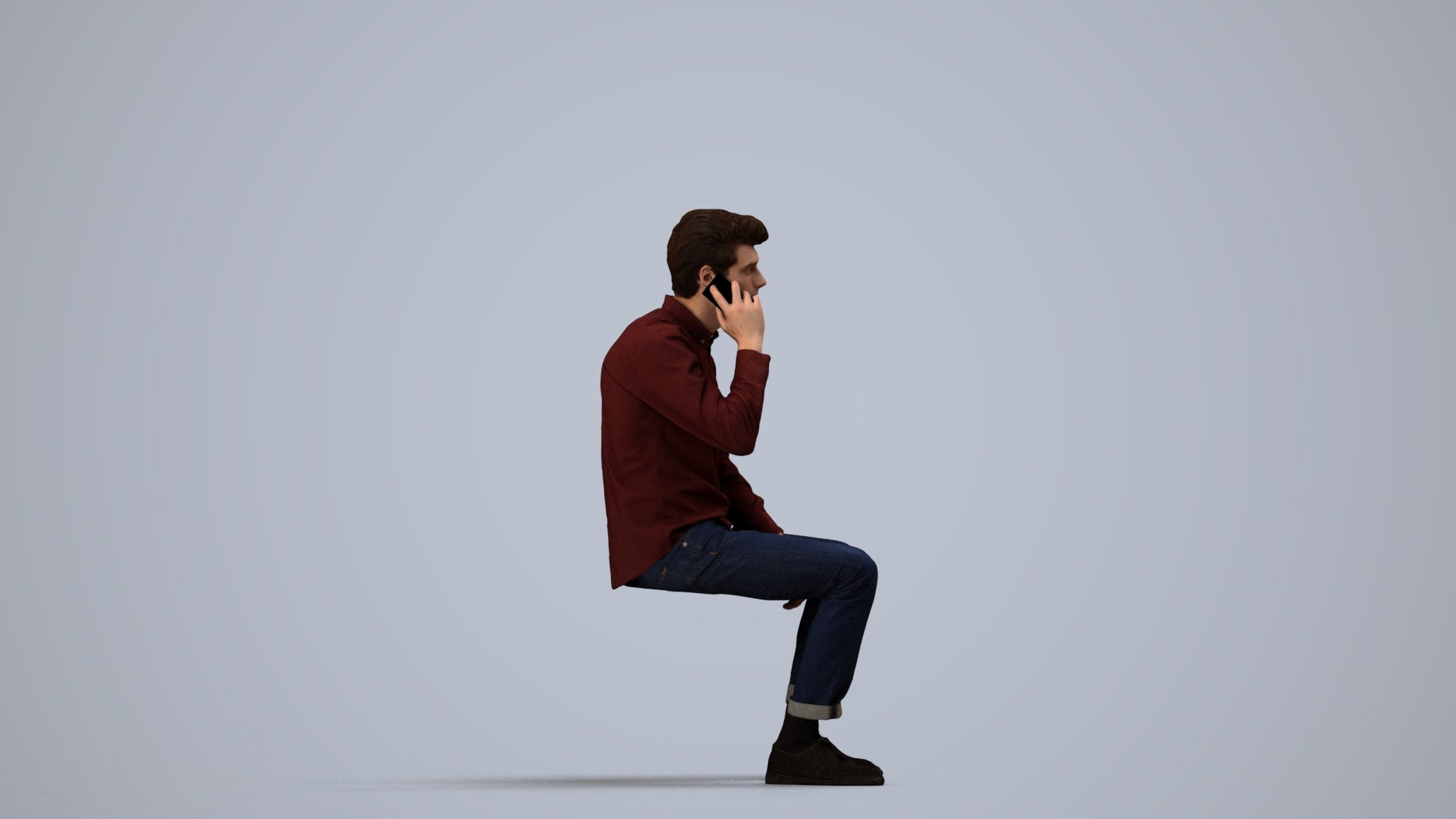 3D people model man casual sitting, scanned human for 3ds Max rendering, side view render